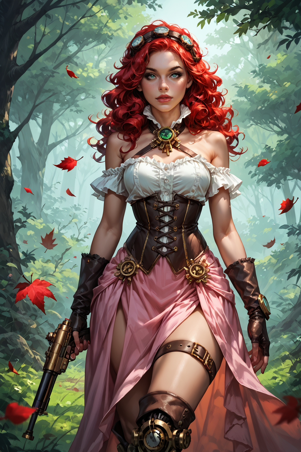 00020-a woman in a rose pink dress holding a clockwork gun in a forest with trees and flowers around her, with a green background and.png